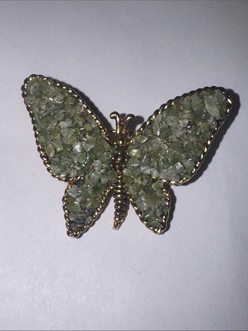 Vintage Butterfly Brooch w Green Jade Stone Chips